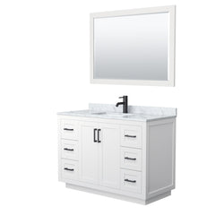 Wyndham Collection Miranda 48 Inch Single Bathroom Vanity in White, Marble Countertop, Undermount Square Sink, Matte Black Trim, 46 Inch Mirror - Luxe Bathroom Vanities