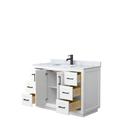 Wyndham Collection Miranda 48 Inch Single Bathroom Vanity in White, Marble Countertop, Undermount Square Sink, Matte Black Trim, 46 Inch Mirror - Luxe Bathroom Vanities