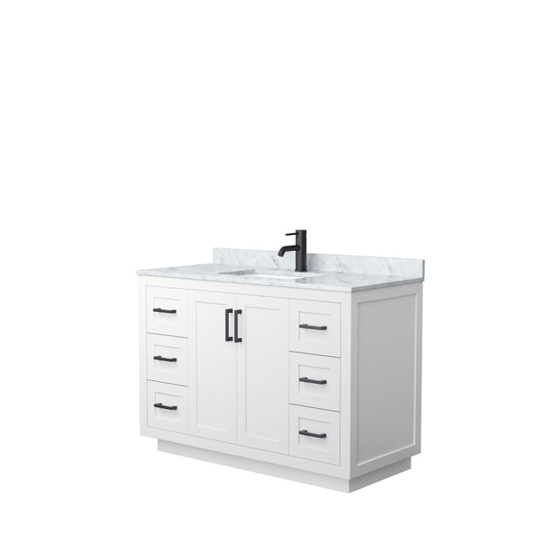 Wyndham Collection Miranda 48 Inch Single Bathroom Vanity in White, Marble Countertop, Undermount Square Sink, Matte Black Trim, 46 Inch Mirror - Luxe Bathroom Vanities