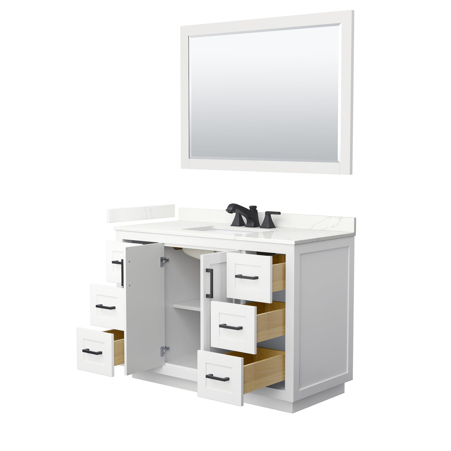 Wyndham Collection Miranda 48 Inch Single Bathroom Vanity in White, Quartz Countertop, Undermount Square Sink, Matte Black Trim - Luxe Bathroom Vanities