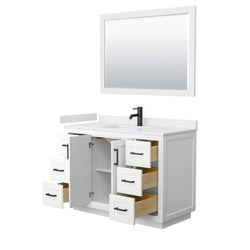 Wyndham Collection Miranda 48 Inch Single Bathroom Vanity in White, Marble Countertop, Undermount Square Sink, Matte Black Trim, 46 Inch Mirror - Luxe Bathroom Vanities