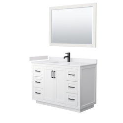 Wyndham Collection Miranda 48 Inch Single Bathroom Vanity in White, Marble Countertop, Undermount Square Sink, Matte Black Trim, 46 Inch Mirror - Luxe Bathroom Vanities