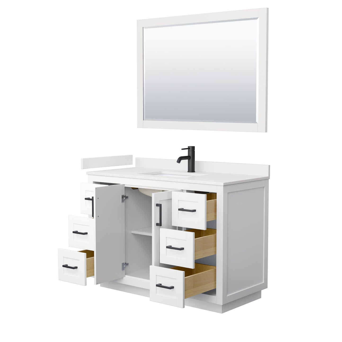 Wyndham Collection Miranda 48 Inch Single Bathroom Vanity in White, Quartz Countertop, Undermount Square Sink, Matte Black Trim - Luxe Bathroom Vanities