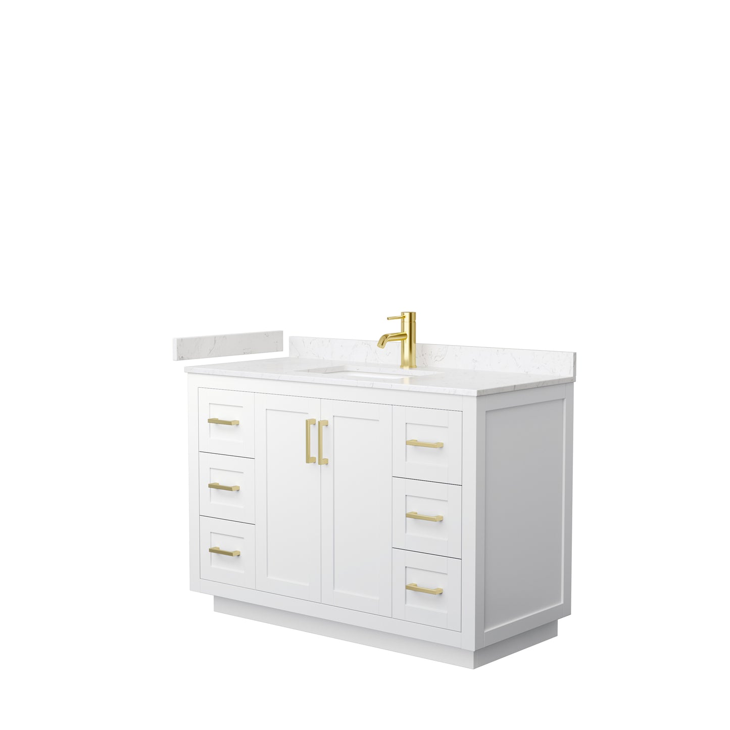 Wyndham Collection Miranda 48 Inch Single Bathroom Vanity in White, Marble Countertop, Undermount Square Sink, Brushed Gold Trim, 46 Inch Mirror - Luxe Bathroom Vanities