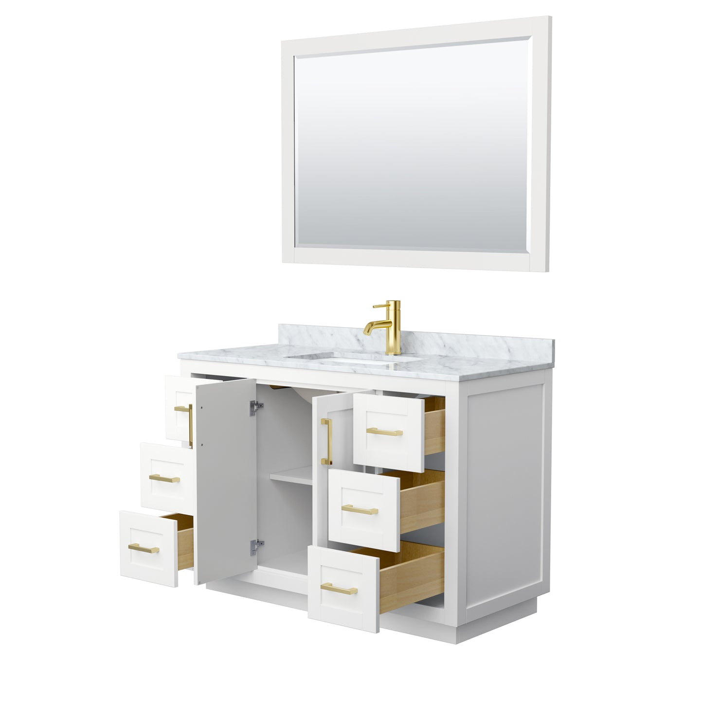 Wyndham Collection Miranda 48 Inch Single Bathroom Vanity in White, Marble Countertop, Undermount Square Sink, Brushed Gold Trim, 46 Inch Mirror - Luxe Bathroom Vanities