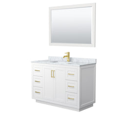 Wyndham Collection Miranda 48 Inch Single Bathroom Vanity in White, Marble Countertop, Undermount Square Sink, Brushed Gold Trim, 46 Inch Mirror - Luxe Bathroom Vanities