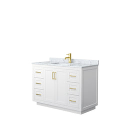 Wyndham Collection Miranda 48 Inch Single Bathroom Vanity in White, Marble Countertop, Undermount Square Sink, Brushed Gold Trim, 46 Inch Mirror - Luxe Bathroom Vanities