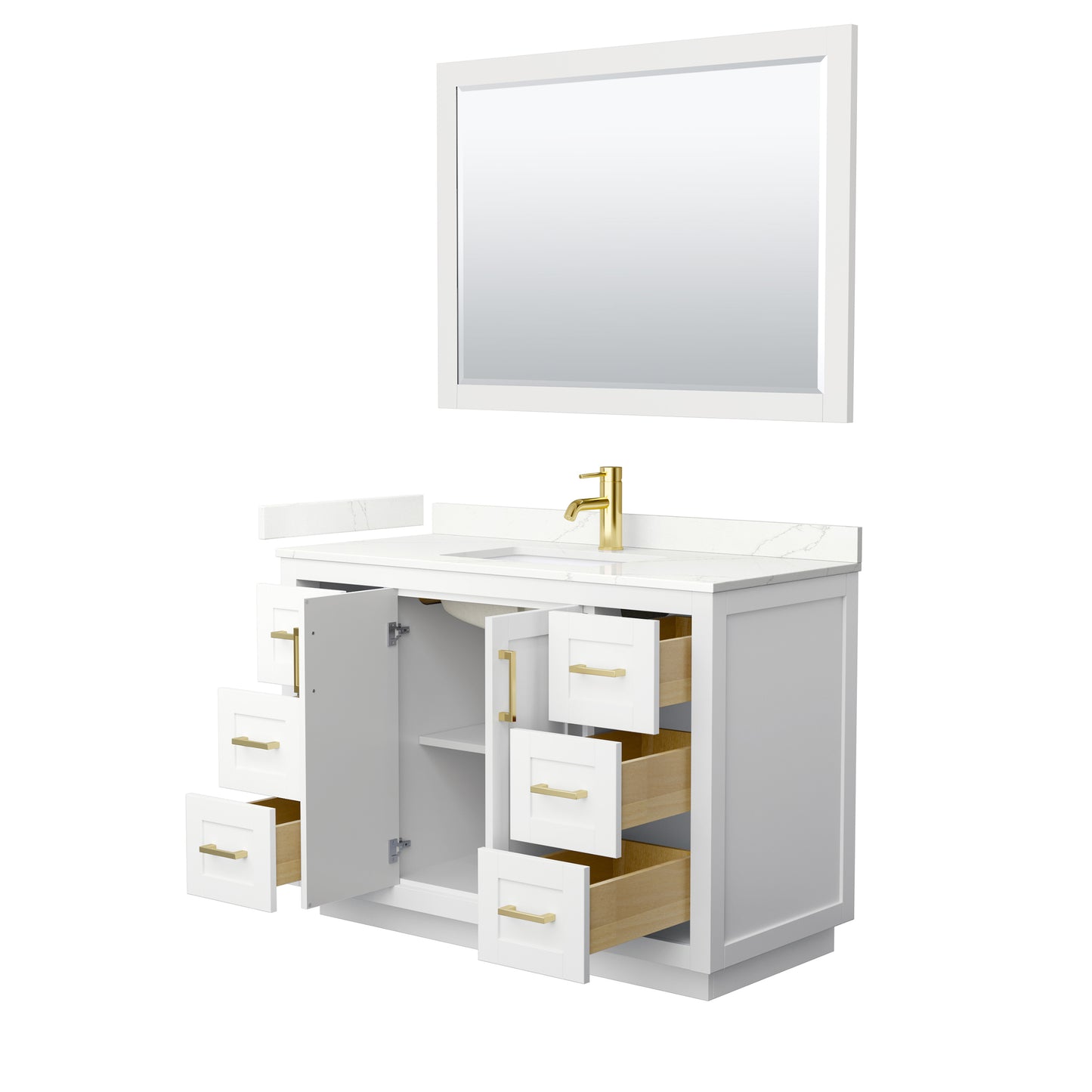 Wyndham Collection Miranda 48 Inch Single Bathroom Vanity in White, Quartz Countertop, Undermount Square Sink, Brushed Gold Trim - Luxe Bathroom Vanities