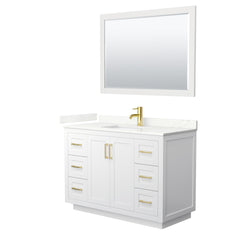 Wyndham Collection Miranda 48 Inch Single Bathroom Vanity in White, Quartz Countertop, Undermount Square Sink, Brushed Gold Trim - Luxe Bathroom Vanities