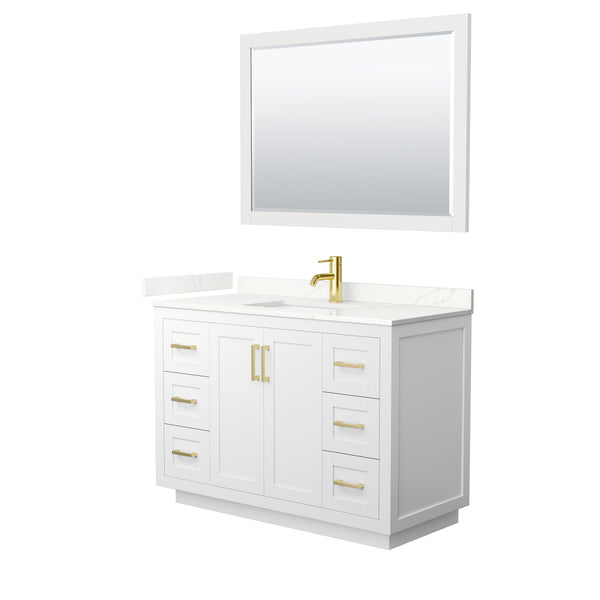 Wyndham Collection Miranda 48 Inch Single Bathroom Vanity in White, Quartz Countertop, Undermount Square Sink, Brushed Gold Trim - Luxe Bathroom Vanities