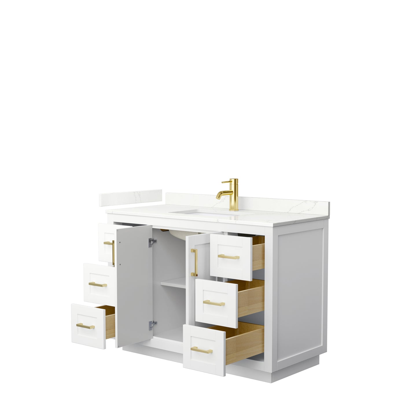 Wyndham Collection Miranda 48 Inch Single Bathroom Vanity in White, Quartz Countertop, Undermount Square Sink, Brushed Gold Trim - Luxe Bathroom Vanities