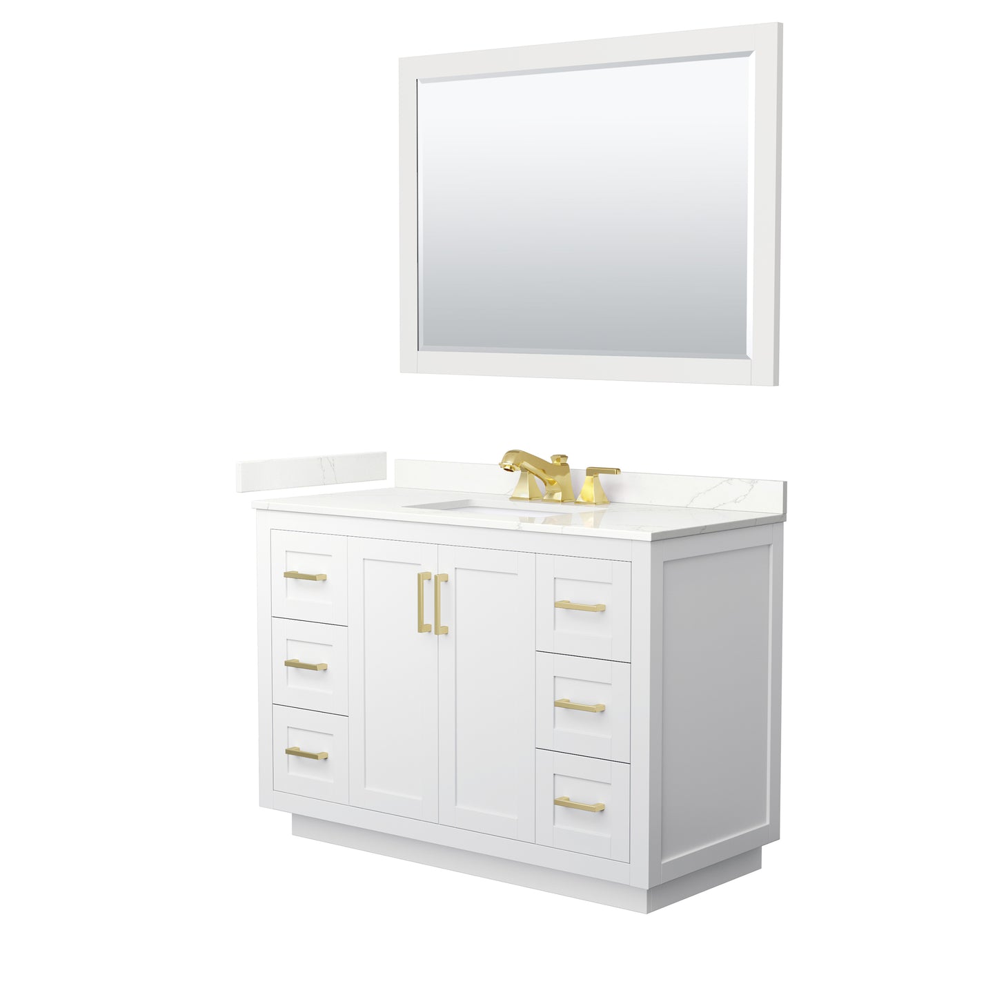 Wyndham Collection Miranda 48 Inch Single Bathroom Vanity in White, Quartz Countertop, Undermount Square Sink, Brushed Gold Trim - Luxe Bathroom Vanities