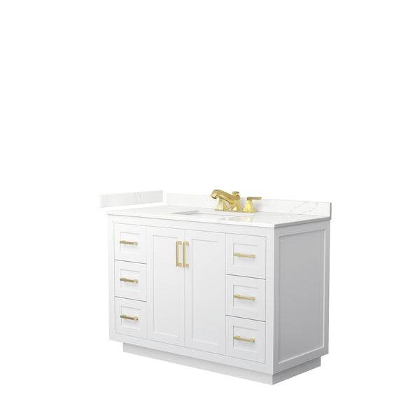 Wyndham Collection Miranda 48 Inch Single Bathroom Vanity in White, Quartz Countertop, Undermount Square Sink, Brushed Gold Trim - Luxe Bathroom Vanities