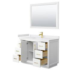 Wyndham Collection Miranda 48 Inch Single Bathroom Vanity in White, Marble Countertop, Undermount Square Sink, Brushed Gold Trim, 46 Inch Mirror - Luxe Bathroom Vanities