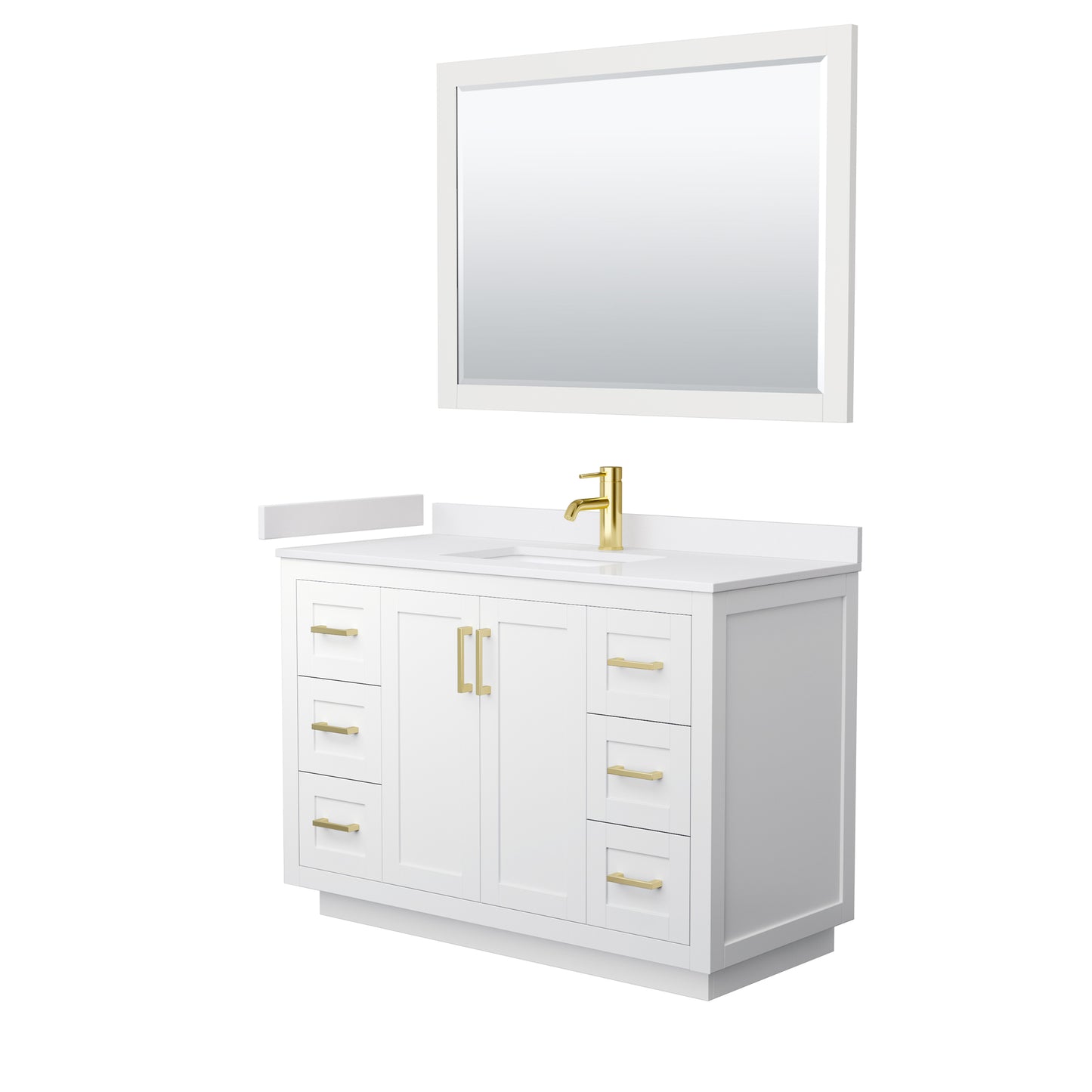 Wyndham Collection Miranda 48 Inch Single Bathroom Vanity in White, Marble Countertop, Undermount Square Sink, Brushed Gold Trim, 46 Inch Mirror - Luxe Bathroom Vanities