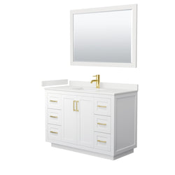 Wyndham Collection Miranda 48 Inch Single Bathroom Vanity in White, Quartz Countertop, Undermount Square Sink, Brushed Gold Trim - Luxe Bathroom Vanities