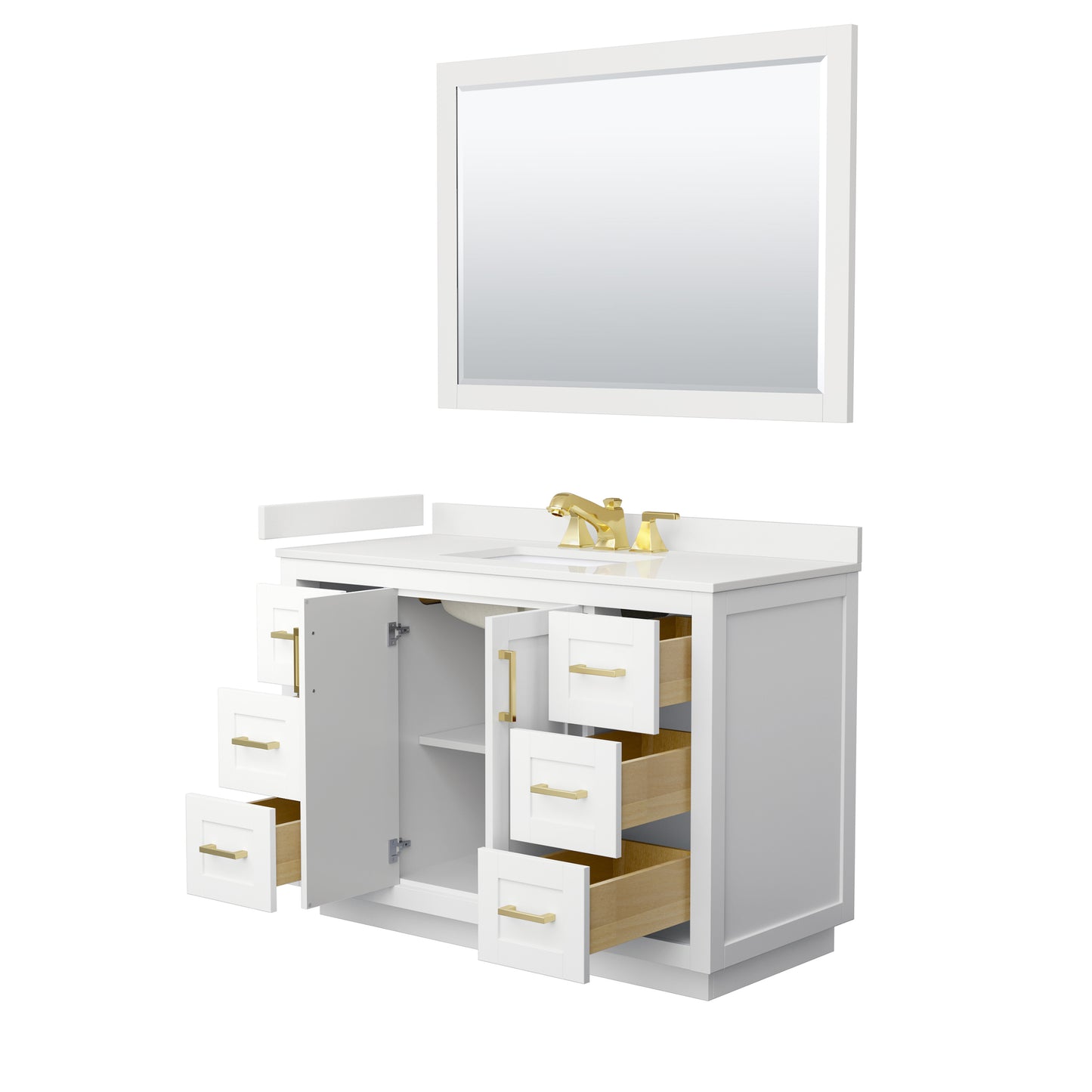 Wyndham Collection Miranda 48 Inch Single Bathroom Vanity in White, Quartz Countertop, Undermount Square Sink, Brushed Gold Trim - Luxe Bathroom Vanities