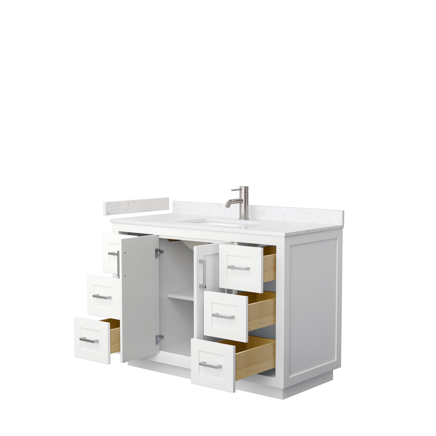 Wyndham Collection Miranda 48 Inch Single Bathroom Vanity in White, Marble Countertop, Undermount Square Sink, Brushed Nickel Trim, 46 Inch Mirror - Luxe Bathroom Vanities