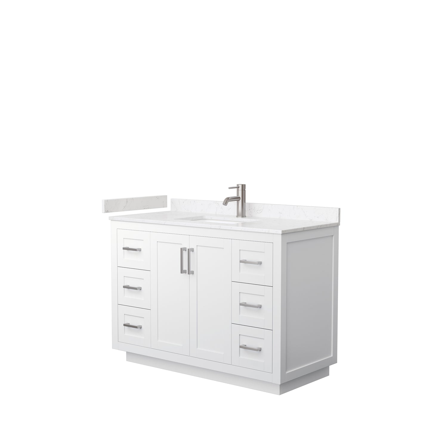 Wyndham Collection Miranda 48 Inch Single Bathroom Vanity in White, Marble Countertop, Undermount Square Sink, Brushed Nickel Trim, 46 Inch Mirror - Luxe Bathroom Vanities