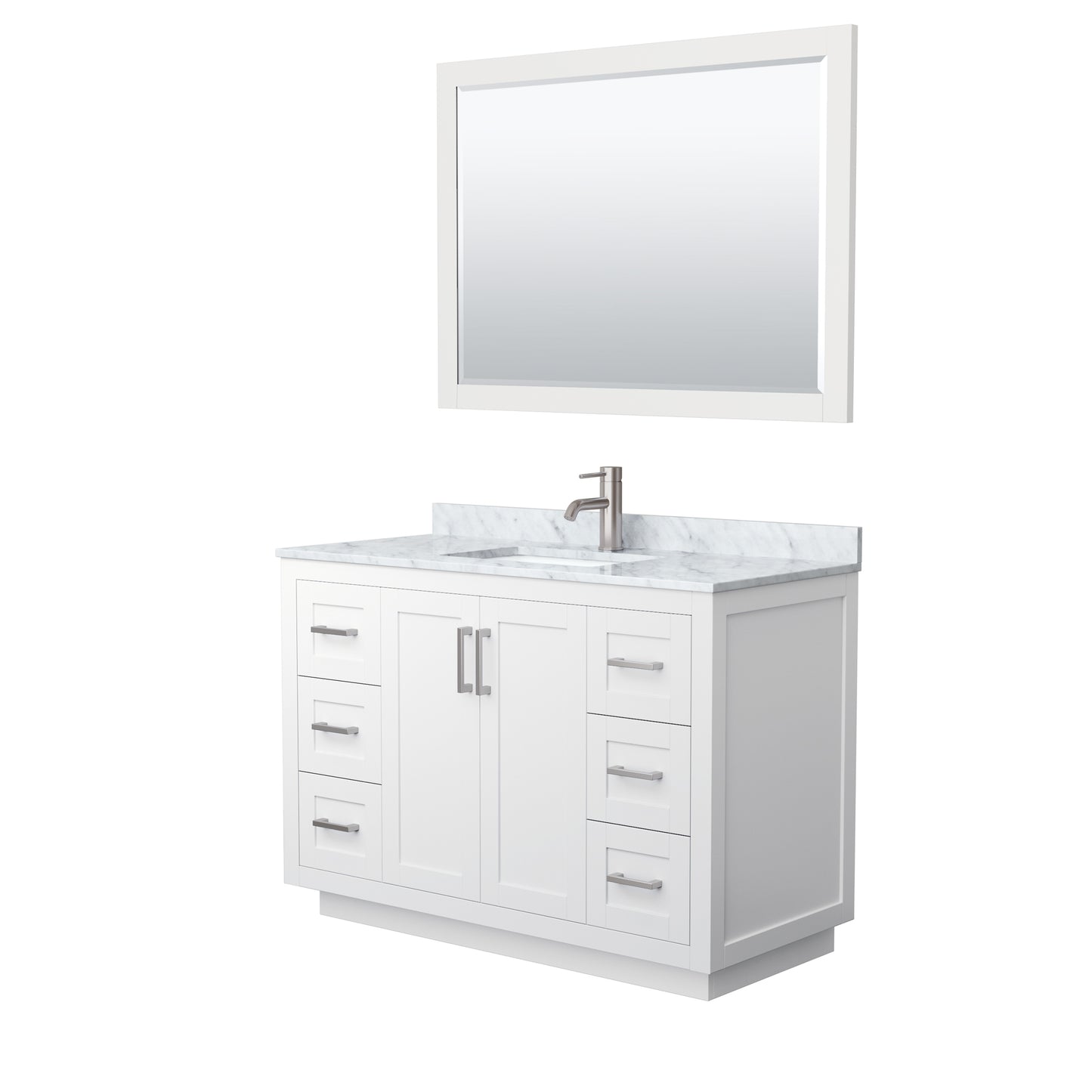 Wyndham Collection Miranda 48 Inch Single Bathroom Vanity in White, Marble Countertop, Undermount Square Sink, Brushed Nickel Trim, 46 Inch Mirror - Luxe Bathroom Vanities