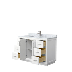 Wyndham Collection Miranda 48 Inch Single Bathroom Vanity in White, Marble Countertop, Undermount Square Sink, Brushed Nickel Trim, 46 Inch Mirror - Luxe Bathroom Vanities