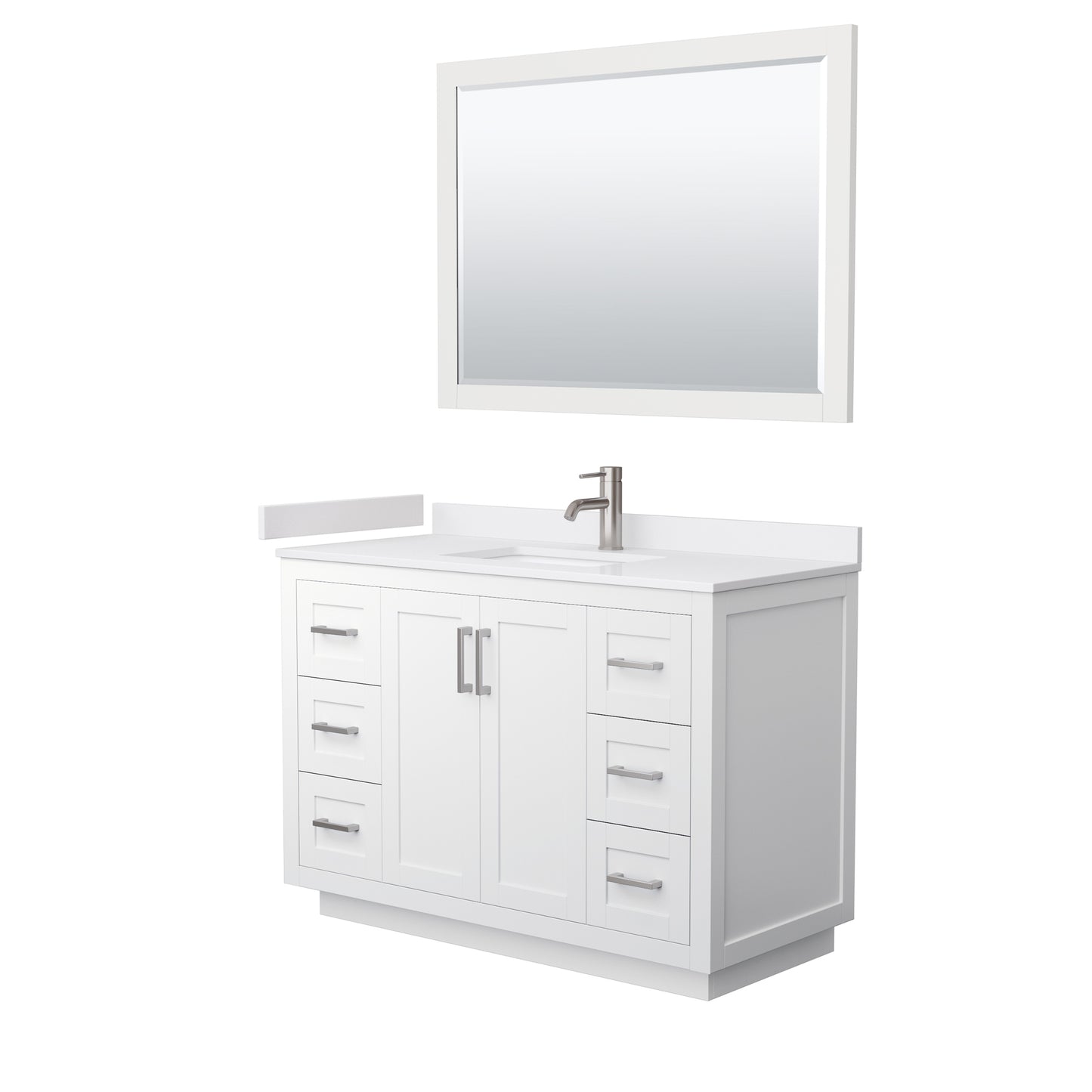 Wyndham Collection Miranda 48 Inch Single Bathroom Vanity in White, Marble Countertop, Undermount Square Sink, Brushed Nickel Trim, 46 Inch Mirror - Luxe Bathroom Vanities