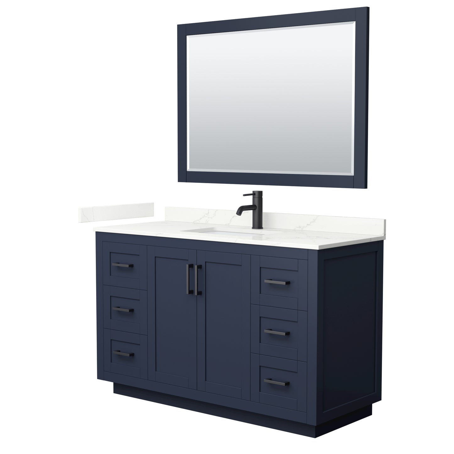 Wyndham Collection Miranda 54 Inch Single Bathroom Vanity in Dark Blue, Quartz Countertop, Undermount Square Sink, Matte Black Trim - Luxe Bathroom Vanities