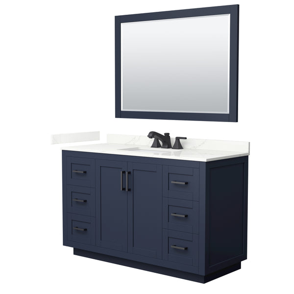 Wyndham Collection Miranda 54 Inch Single Bathroom Vanity in Dark Blue, Quartz Countertop, Undermount Square Sink, Matte Black Trim - Luxe Bathroom Vanities