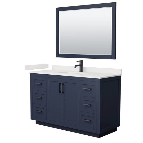 Wyndham Collection Miranda 54 Inch Single Bathroom Vanity in Dark Blue, Quartz Countertop, Undermount Square Sink, Matte Black Trim - Luxe Bathroom Vanities