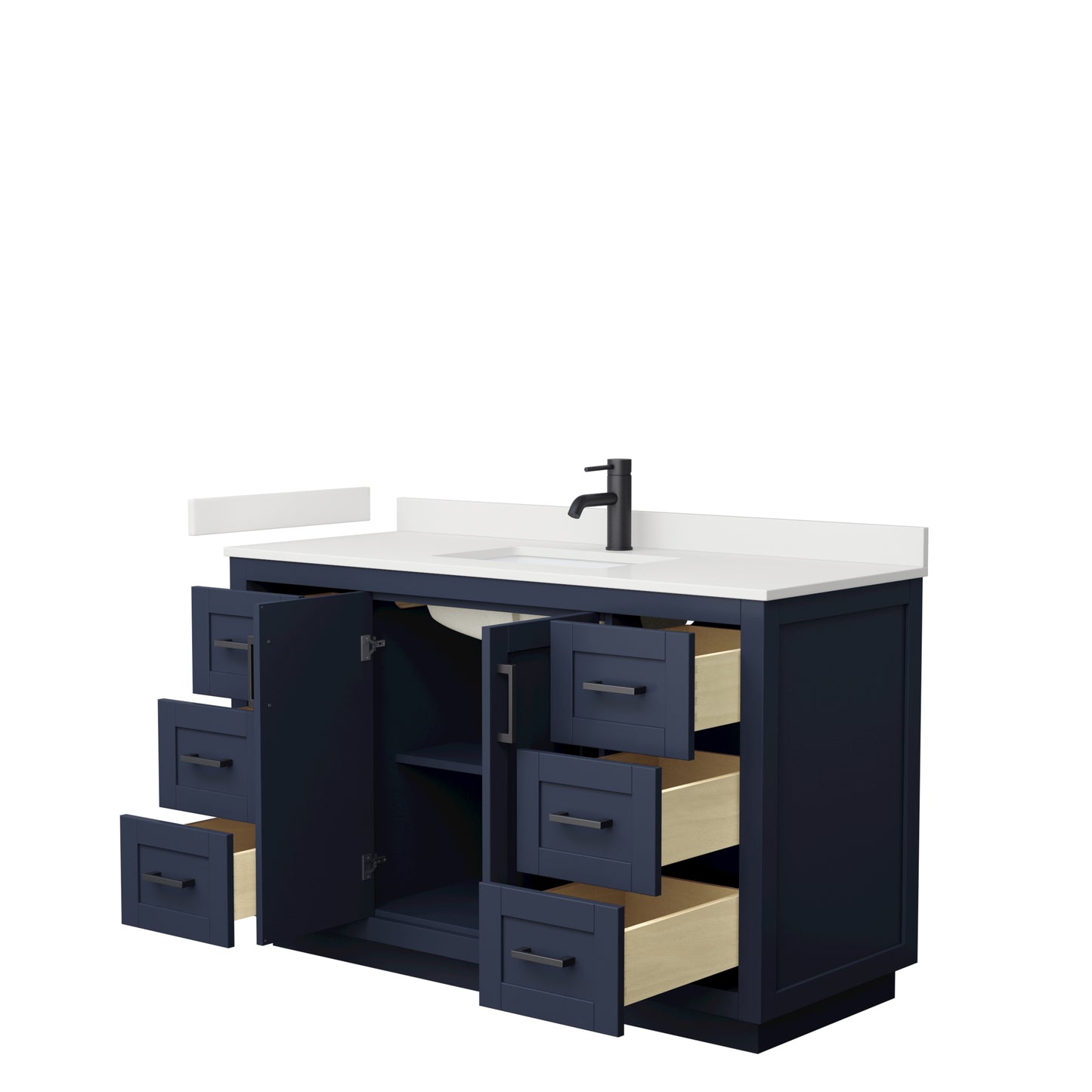 Wyndham Collection Miranda 54 Inch Single Bathroom Vanity in Dark Blue, Quartz Countertop, Undermount Square Sink, Matte Black Trim - Luxe Bathroom Vanities