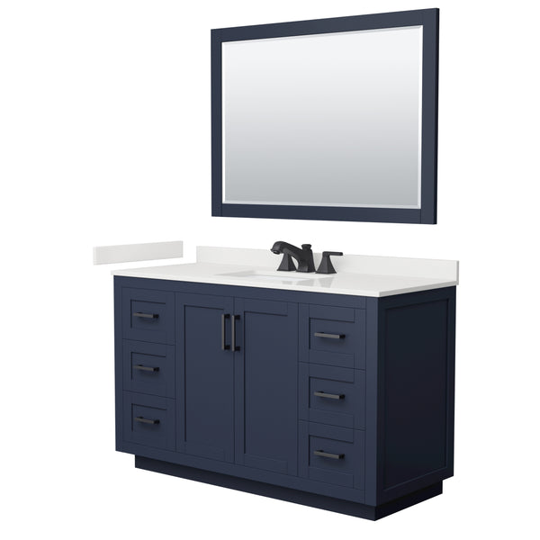 Wyndham Collection Miranda 54 Inch Single Bathroom Vanity in Dark Blue, Quartz Countertop, Undermount Square Sink, Matte Black Trim - Luxe Bathroom Vanities