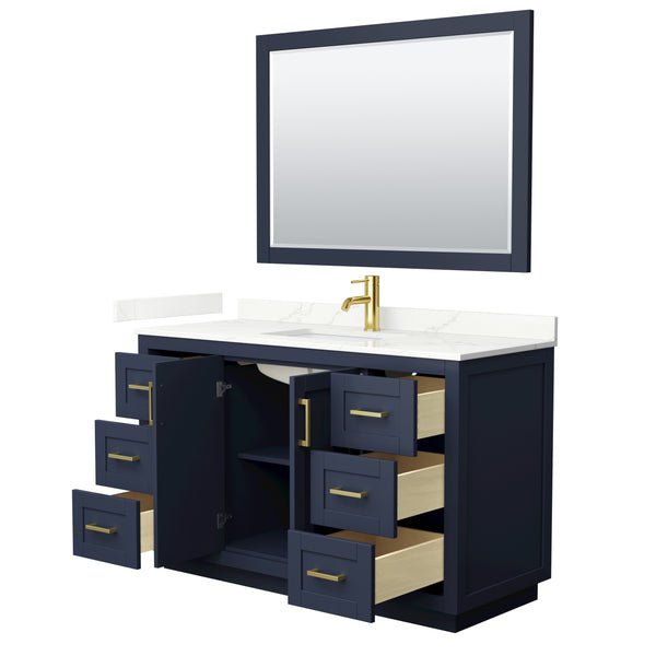 Wyndham Collection Miranda 54 Inch Single Bathroom Vanity in Dark Blue, Quartz Countertop, Undermount Square Sink, Brushed Gold Trim - Luxe Bathroom Vanities