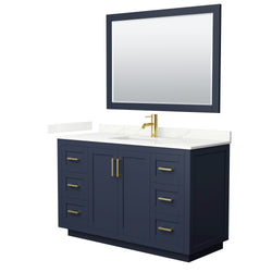 Wyndham Collection Miranda 54 Inch Single Bathroom Vanity in Dark Blue, Quartz Countertop, Undermount Square Sink, Brushed Gold Trim - Luxe Bathroom Vanities