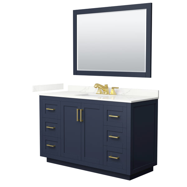 Wyndham Collection Miranda 54 Inch Single Bathroom Vanity in Dark Blue, Quartz Countertop, Undermount Square Sink, Brushed Gold Trim - Luxe Bathroom Vanities