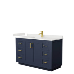 Wyndham Collection Miranda 54 Inch Single Bathroom Vanity in Dark Blue, Quartz Countertop, Undermount Square Sink, Brushed Gold Trim - Luxe Bathroom Vanities