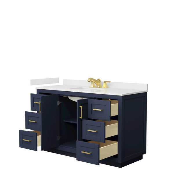 Wyndham Collection Miranda 54 Inch Single Bathroom Vanity in Dark Blue, Quartz Countertop, Undermount Square Sink, Brushed Gold Trim - Luxe Bathroom Vanities