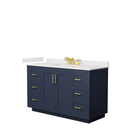 Wyndham Collection Miranda 54 Inch Single Bathroom Vanity in Dark Blue, Quartz Countertop, Undermount Square Sink, Brushed Gold Trim - Luxe Bathroom Vanities