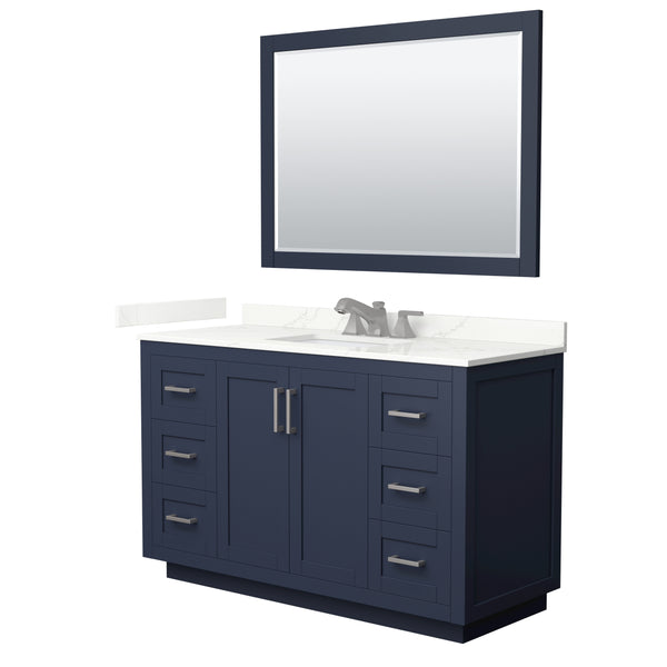 Wyndham Collection Miranda 54 Inch Single Bathroom Vanity in Dark Blue, Quartz Countertop, Undermount Square Sink, Brushed Nickel Trim - Luxe Bathroom Vanities