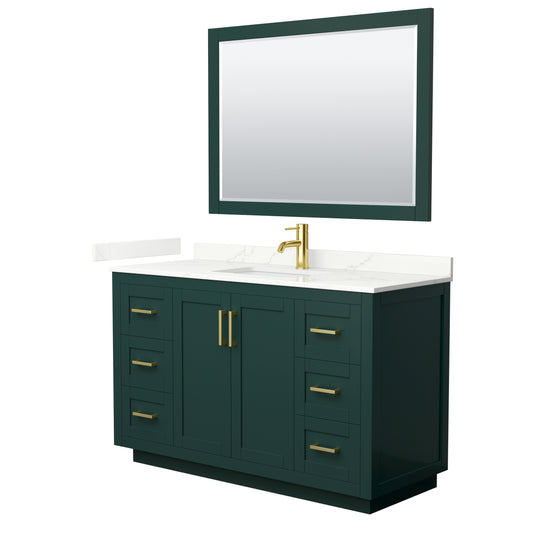 Wyndham Collection Miranda 54 Inch Single Bathroom Vanity in Green, Quartz Countertop, Undermount Square Sink, Brushed Gold Trim - Luxe Bathroom Vanities