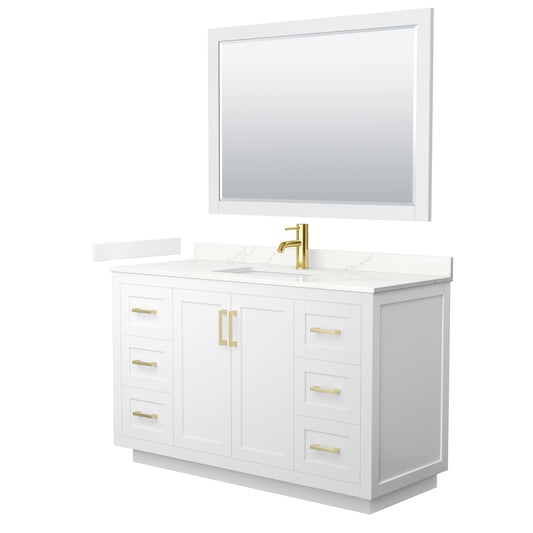 Wyndham Collection Miranda 54 Inch Single Bathroom Vanity in White, Quartz Countertop, Undermount Square Sink, Brushed Gold Trim - Luxe Bathroom Vanities