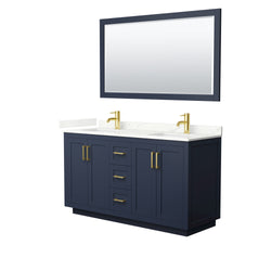 Wyndham Collection Miranda 60 Inch Double Bathroom Vanity in Dark Blue, Quartz Countertop, Undermount Square Sinks, Brushed Gold Trim - Luxe Bathroom Vanities