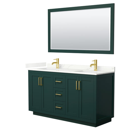 Wyndham Collection Miranda 60 Inch Double Bathroom Vanity in Green, Quartz Countertop, Undermount Square Sinks, Brushed Gold Trim - Luxe Bathroom Vanities
