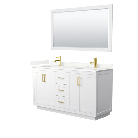 Wyndham Collection Miranda 60 Inch Double Bathroom Vanity in White, Quartz Countertop, Undermount Square Sinks, Brushed Gold Trim - Luxe Bathroom Vanities