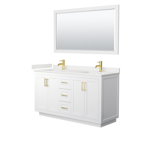 Wyndham Collection Miranda 60 Inch Double Bathroom Vanity in White, Quartz Countertop, Undermount Square Sinks, Brushed Gold Trim - Luxe Bathroom Vanities