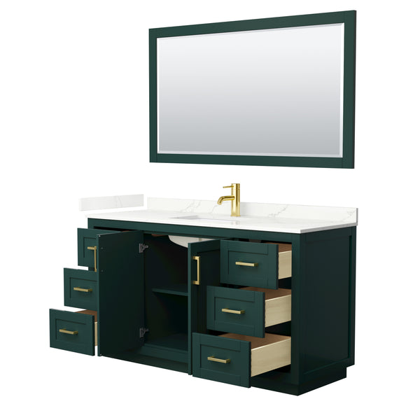 Wyndham Collection Miranda 60 Inch Single Bathroom Vanity in Green, Quartz Countertop, Undermount Square Sink, Brushed Gold Trim - Luxe Bathroom Vanities