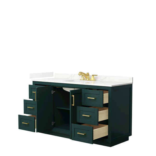 Wyndham Collection Miranda 60 Inch Single Bathroom Vanity in Green, Quartz Countertop, Undermount Square Sink, Brushed Gold Trim - Luxe Bathroom Vanities