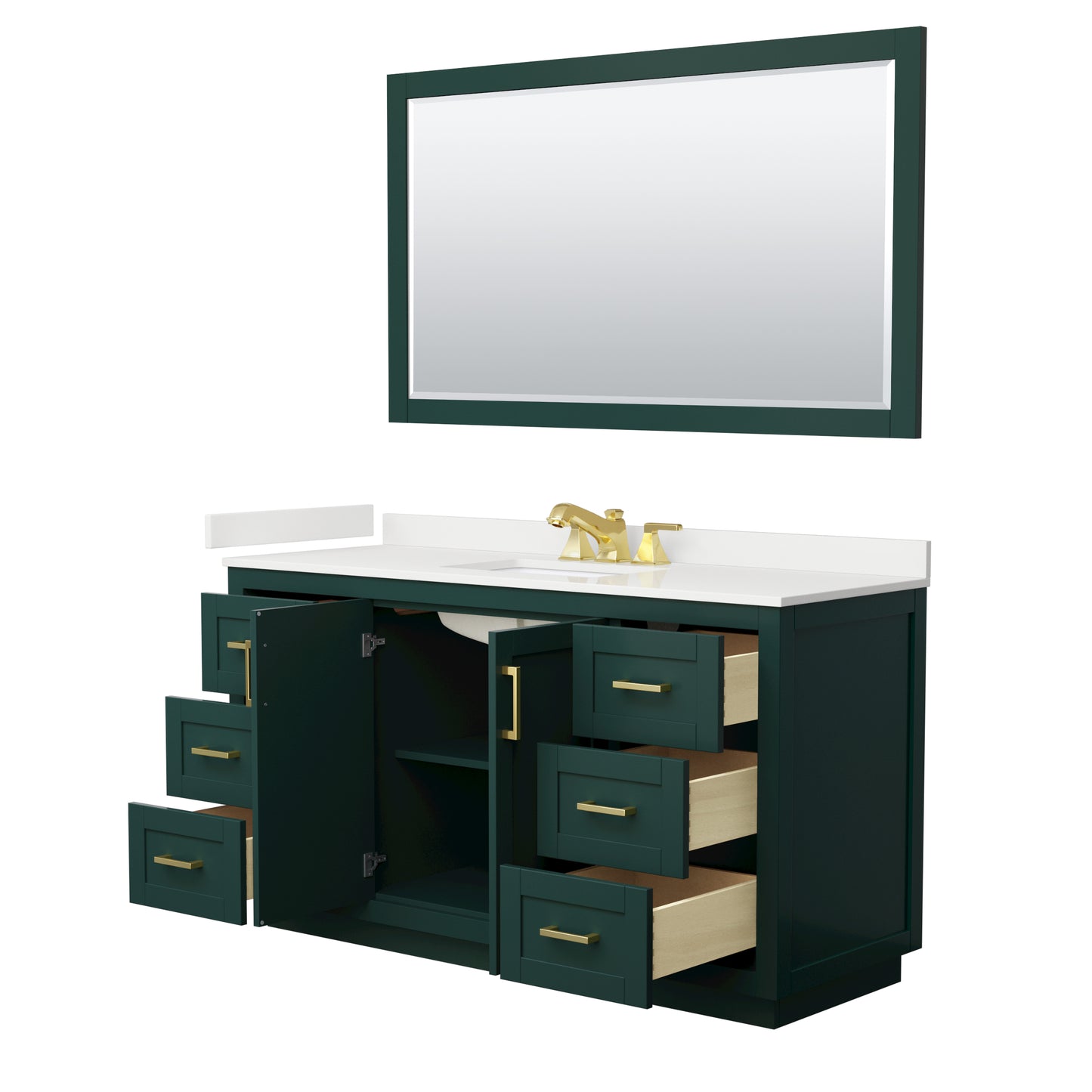 Wyndham Collection Miranda 60 Inch Single Bathroom Vanity in Green, Quartz Countertop, Undermount Square Sink, Brushed Gold Trim - Luxe Bathroom Vanities