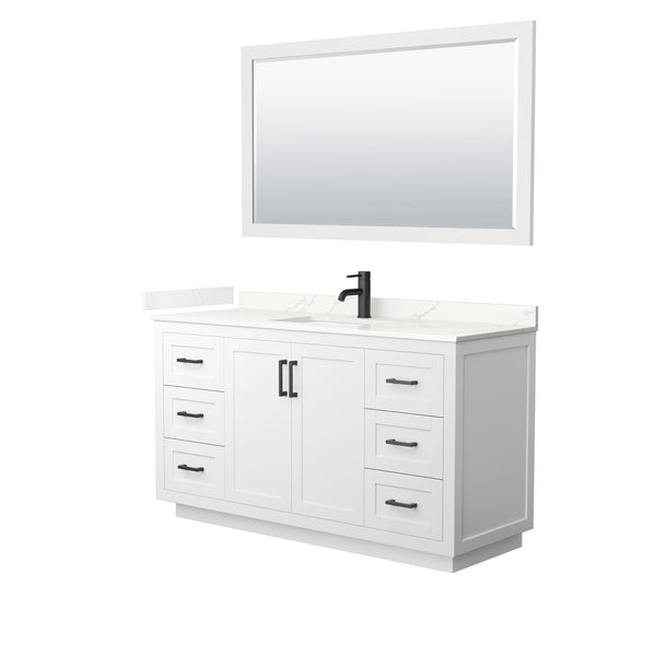 Wyndham Collection Miranda 60 Inch Single Bathroom Vanity in White, Quartz Countertop, Undermount Square Sink, Matte Black Trim - Luxe Bathroom Vanities