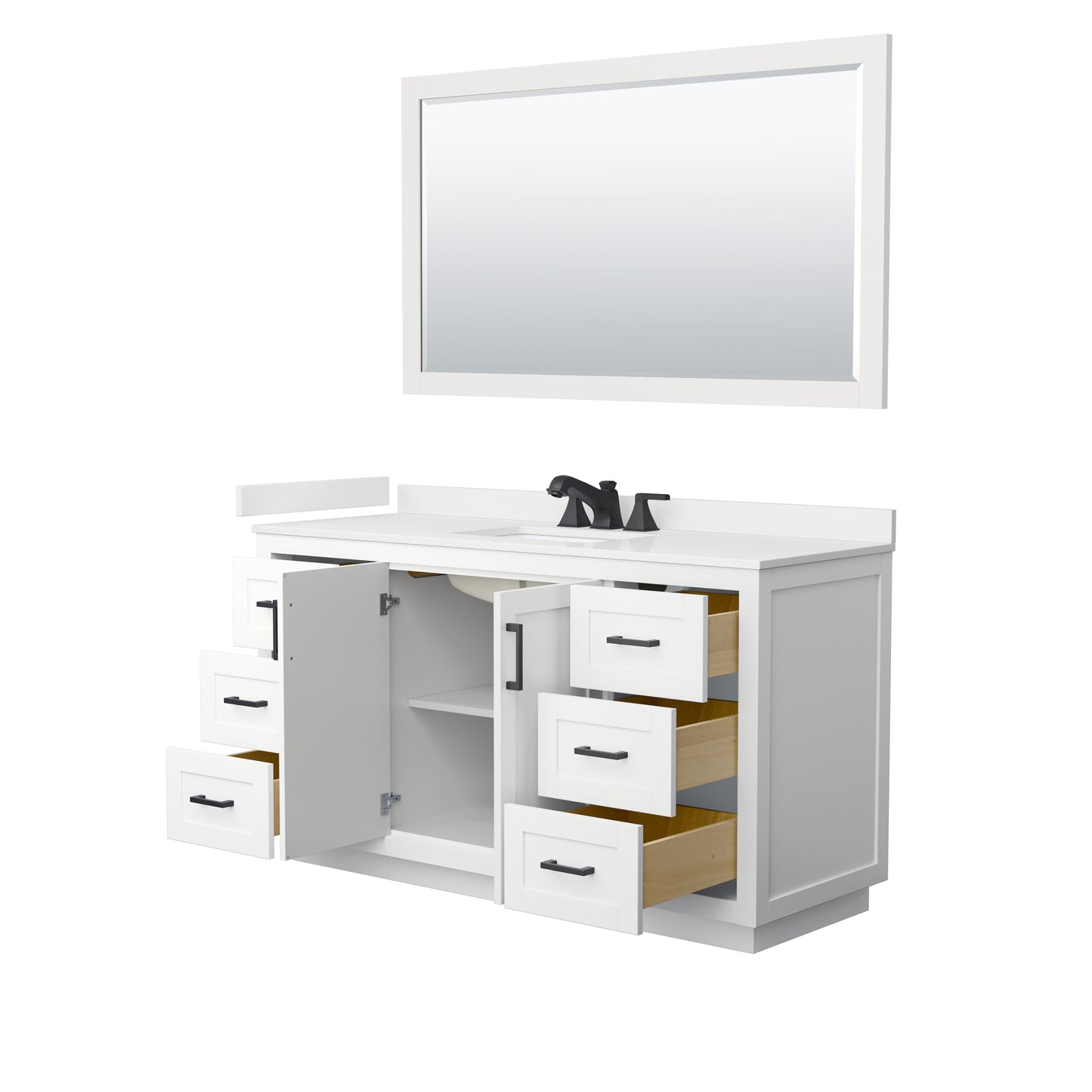 Wyndham Collection Miranda 60 Inch Single Bathroom Vanity in White, Quartz Countertop, Undermount Square Sink, Matte Black Trim - Luxe Bathroom Vanities