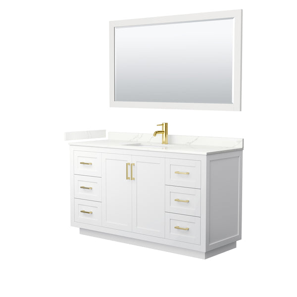 Wyndham Collection Miranda 60 Inch Single Bathroom Vanity in White, Quartz Countertop, Undermount Square Sink, Brushed Gold Trim - Luxe Bathroom Vanities